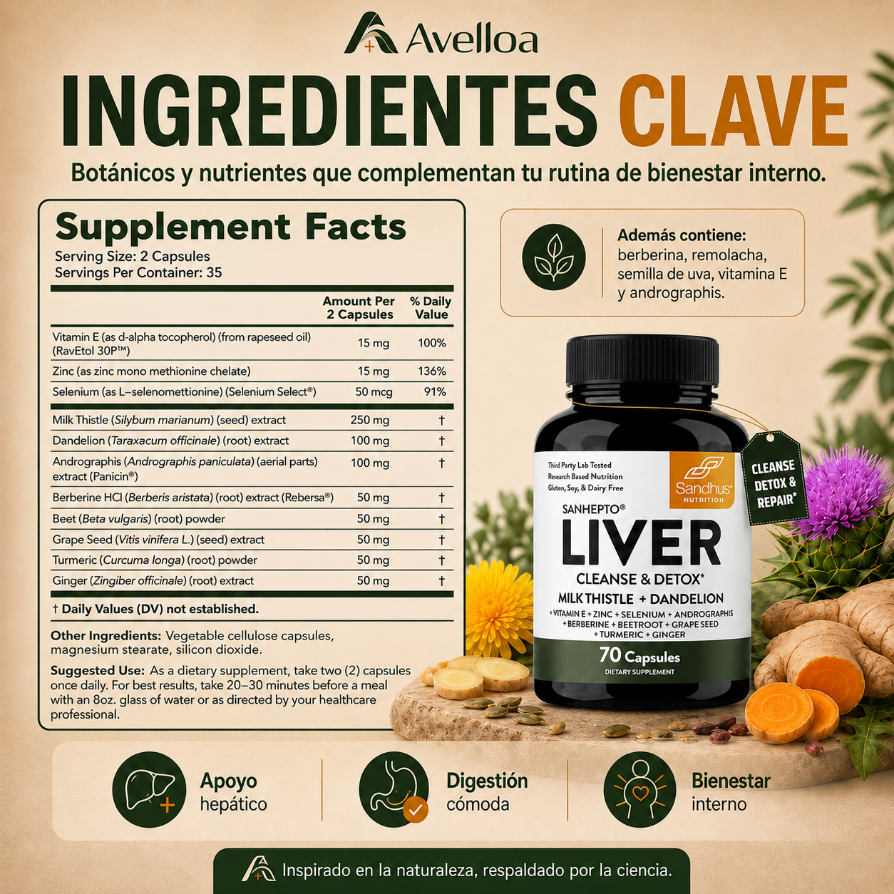 Liver Cleanse & Detox™ Suplemento de Apoyo Hepático con Cardo Mariano, Diente de León, Cúrcuma y Jengibre – 70 Cápsulas