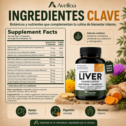 Liver Cleanse & Detox™ Suplemento de Apoyo Hepático con Cardo Mariano, Diente de León, Cúrcuma y Jengibre – 70 Cápsulas