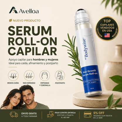 Bodywise Serum Roll-On Capilar para Crecimiento, Caída, Entradas, Coronilla y Barba – 25 mL