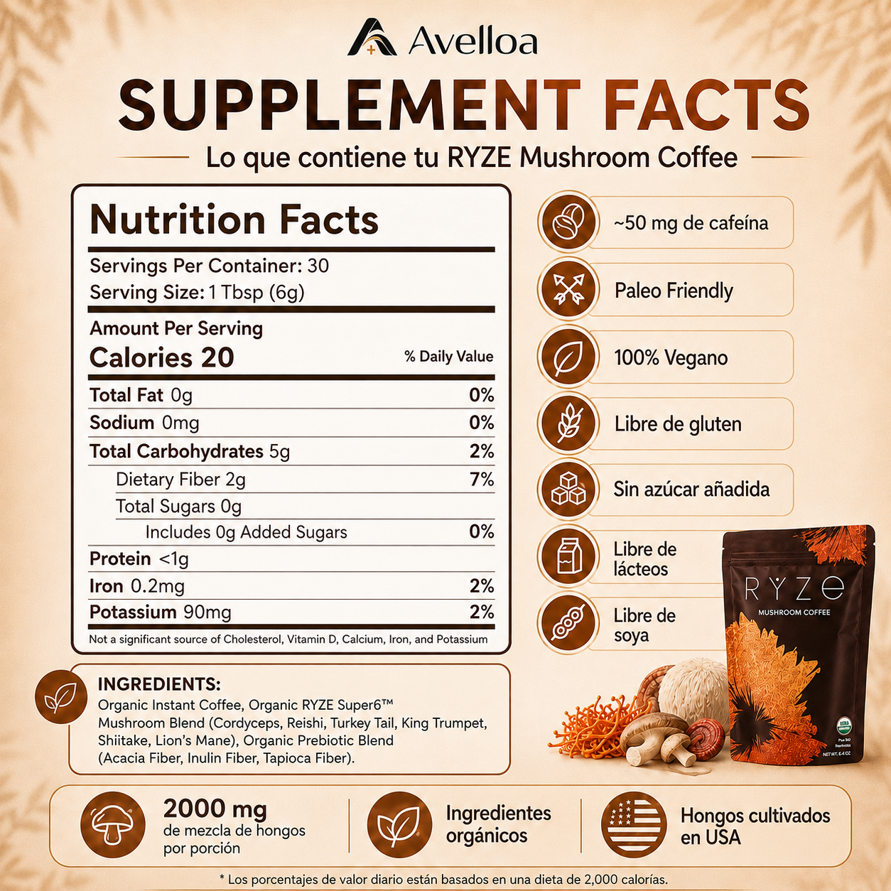 RYZE Mushroom Coffee – Café Funcional con 6 Hongos y Café Orgánico | 30 Porciones