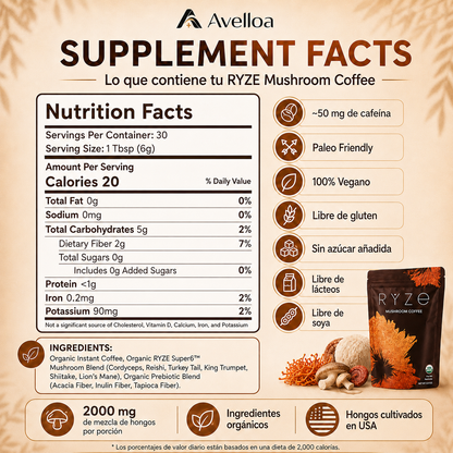 RYZE Mushroom Coffee – Café Funcional con 6 Hongos y Café Orgánico | 30 Porciones