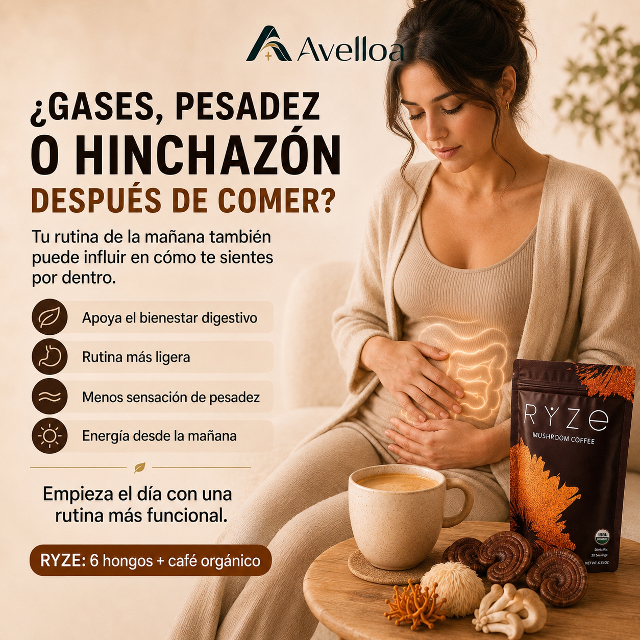 RYZE Mushroom Coffee – Café Funcional con 6 Hongos y Café Orgánico | 30 Porciones