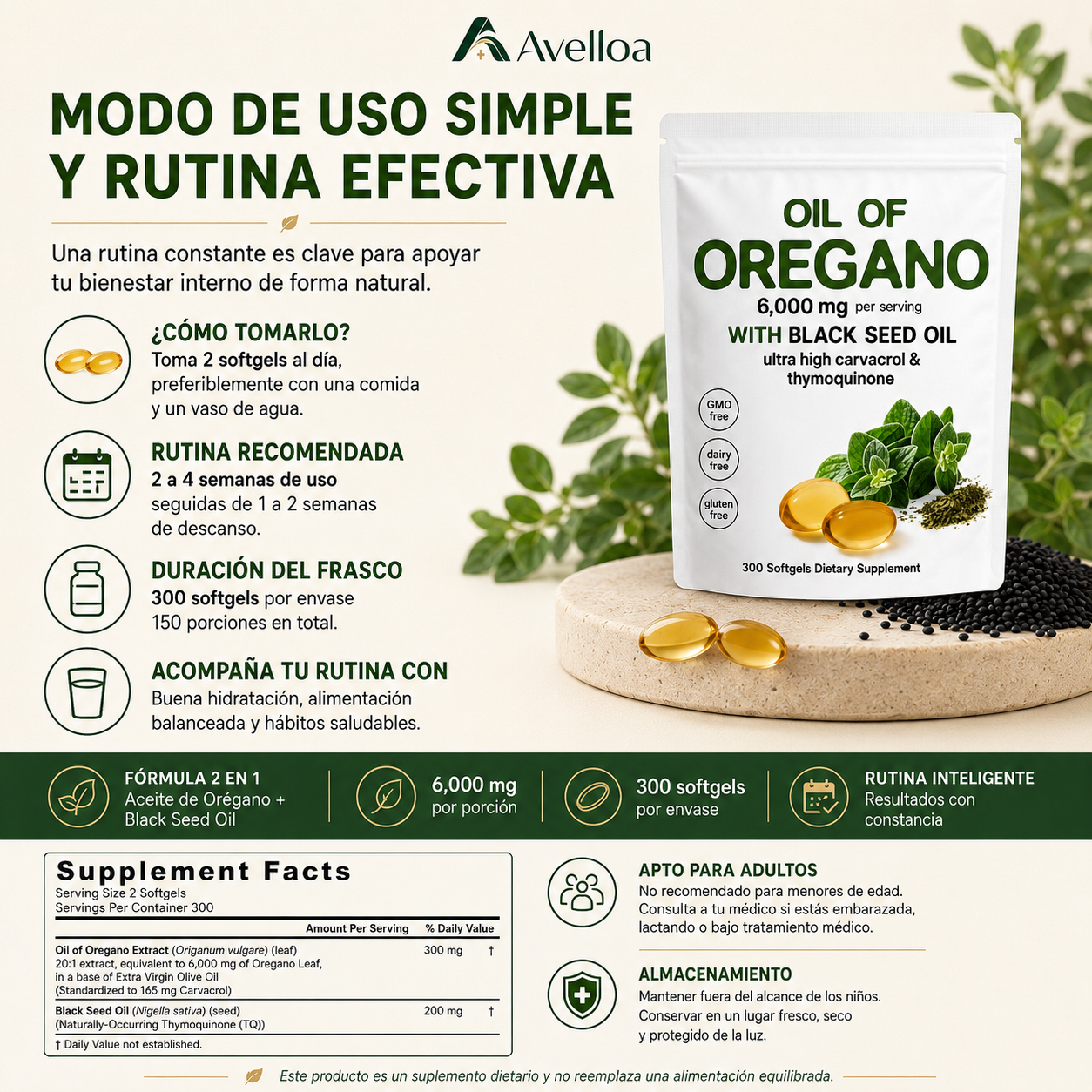Aceite de Orégano con Aceite de Semilla Negra 6,000 mg – 300 Cápsulas Blandas