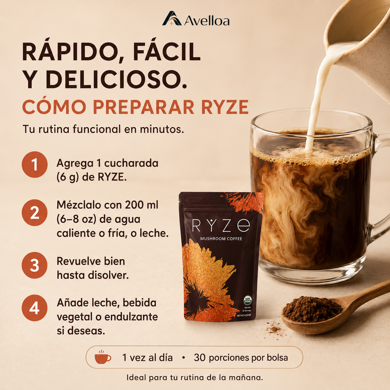 RYZE Mushroom Coffee – Café Funcional con 6 Hongos y Café Orgánico | 30 Porciones