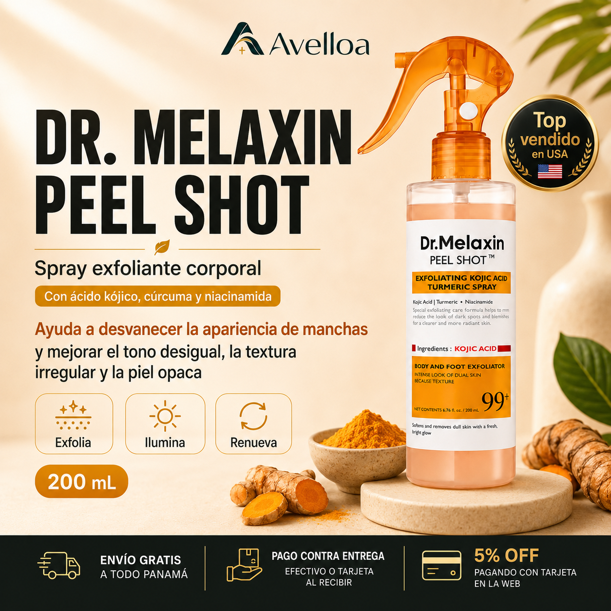 Dr. Melaxin Peel Shot™ Spray Exfoliante Corporal con Ácido Kójico, Cúrcuma y Niacinamida – 200 mL