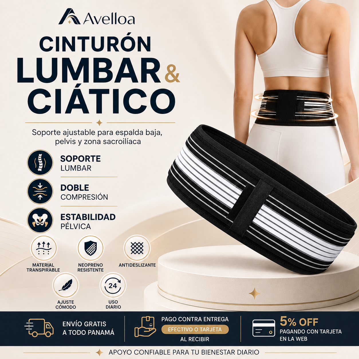 Cinturón Lumbar & Ciático Ajustable para Espalda Baja, Pelvis y Zona Sacroilíaca