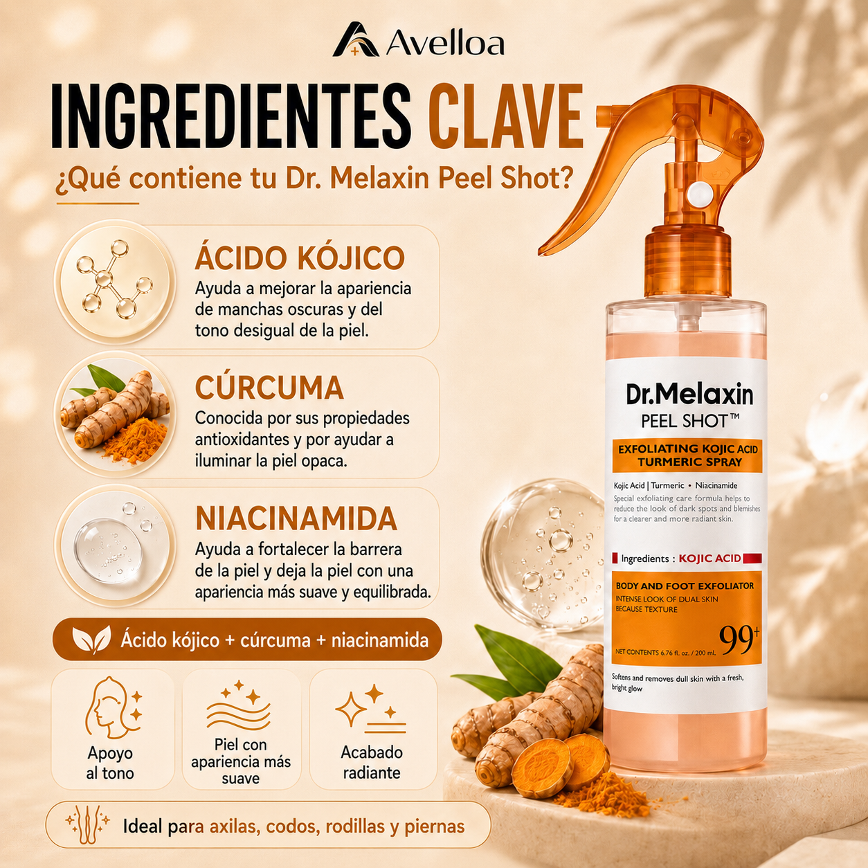 Dr. Melaxin Peel Shot™ Spray Exfoliante Corporal con Ácido Kójico, Cúrcuma y Niacinamida – 200 mL