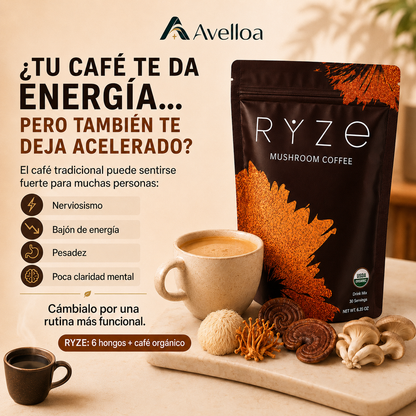 RYZE Mushroom Coffee – Café Funcional con 6 Hongos y Café Orgánico | 30 Porciones