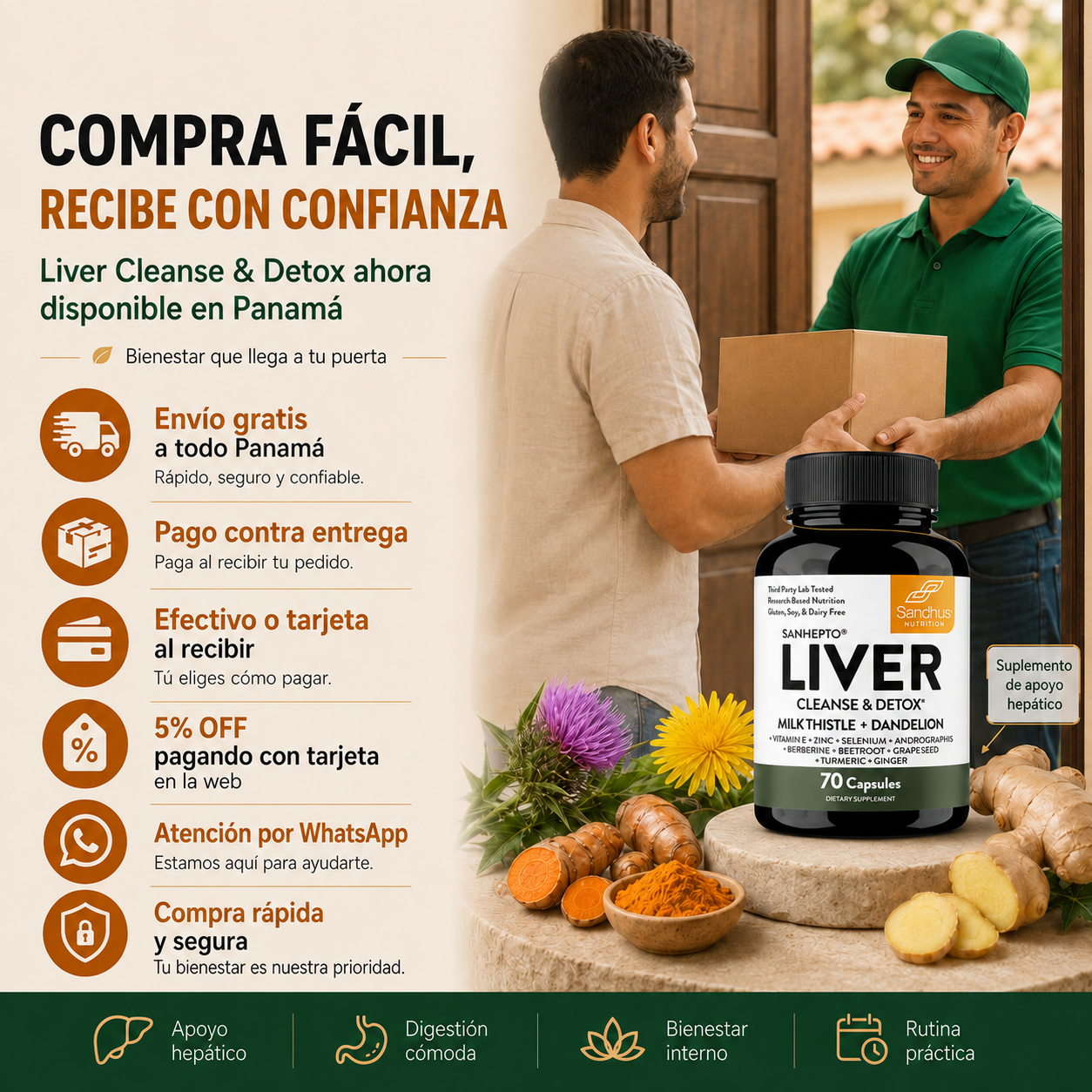 Liver Cleanse & Detox™ Suplemento de Apoyo Hepático con Cardo Mariano, Diente de León, Cúrcuma y Jengibre – 70 Cápsulas