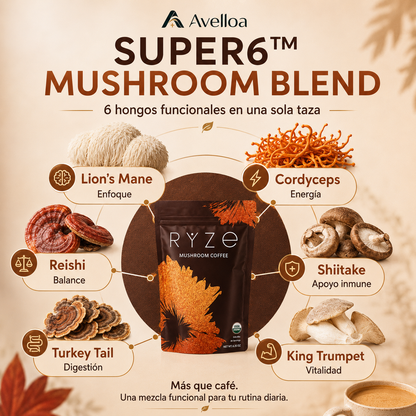 RYZE Mushroom Coffee – Café Funcional con 6 Hongos y Café Orgánico | 30 Porciones