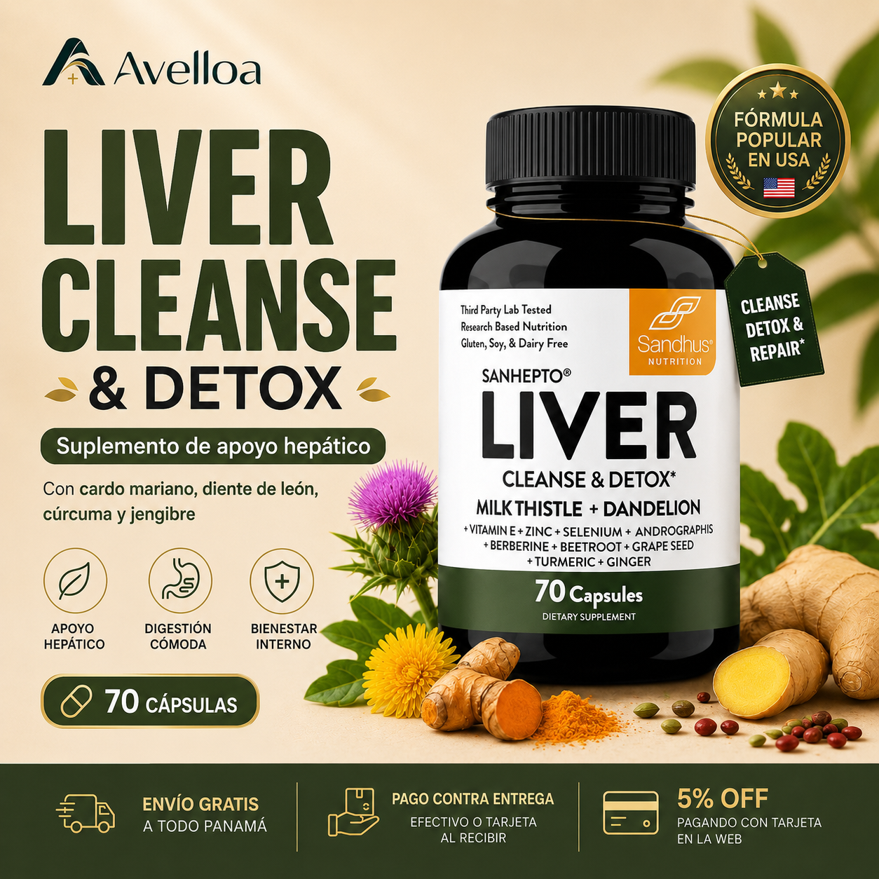 Liver Cleanse & Detox™ Suplemento de Apoyo Hepático con Cardo Mariano, Diente de León, Cúrcuma y Jengibre – 70 Cápsulas