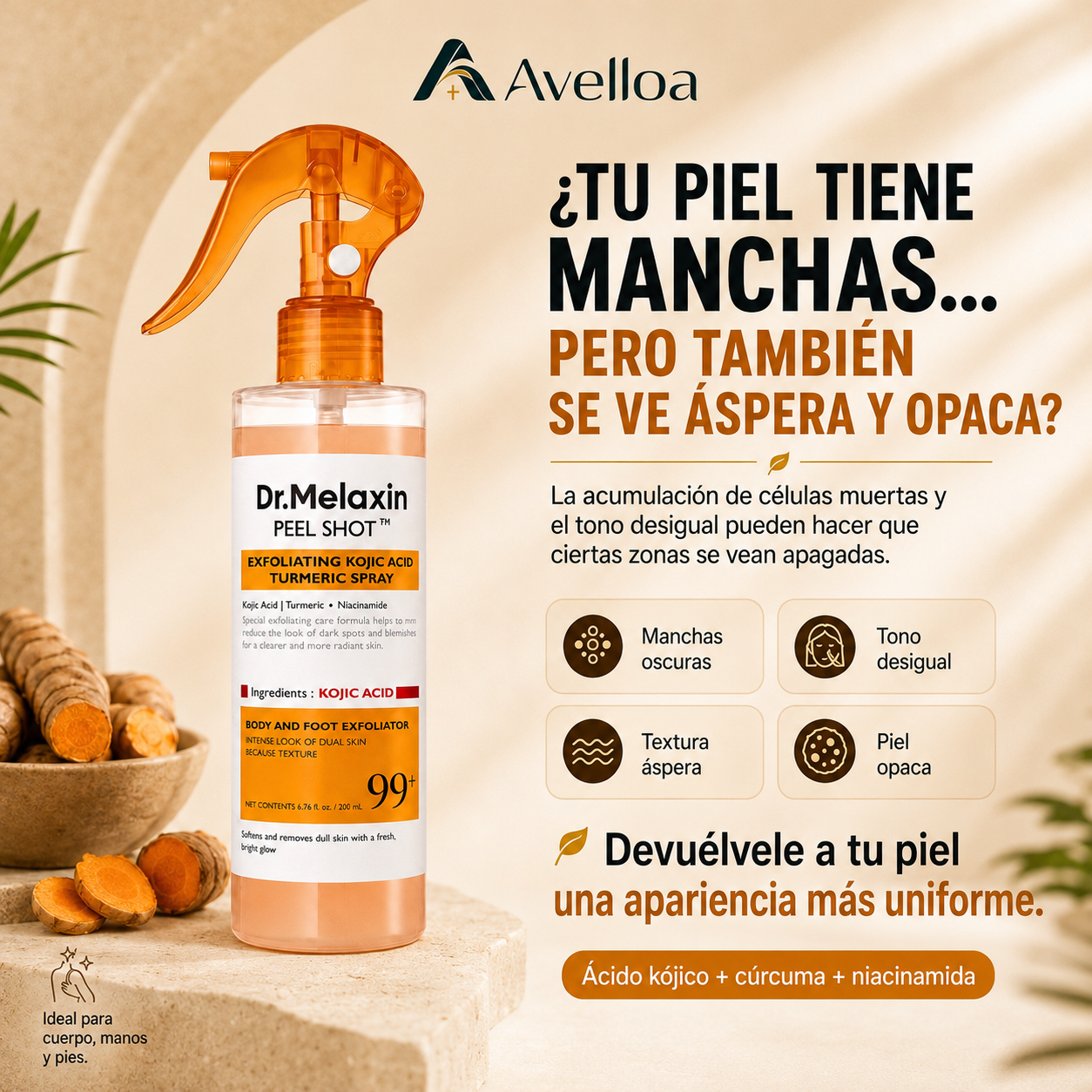 Dr. Melaxin Peel Shot™ Spray Exfoliante Corporal con Ácido Kójico, Cúrcuma y Niacinamida – 200 mL