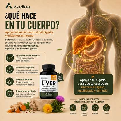 Liver Cleanse & Detox™ Suplemento de Apoyo Hepático con Cardo Mariano, Diente de León, Cúrcuma y Jengibre – 70 Cápsulas