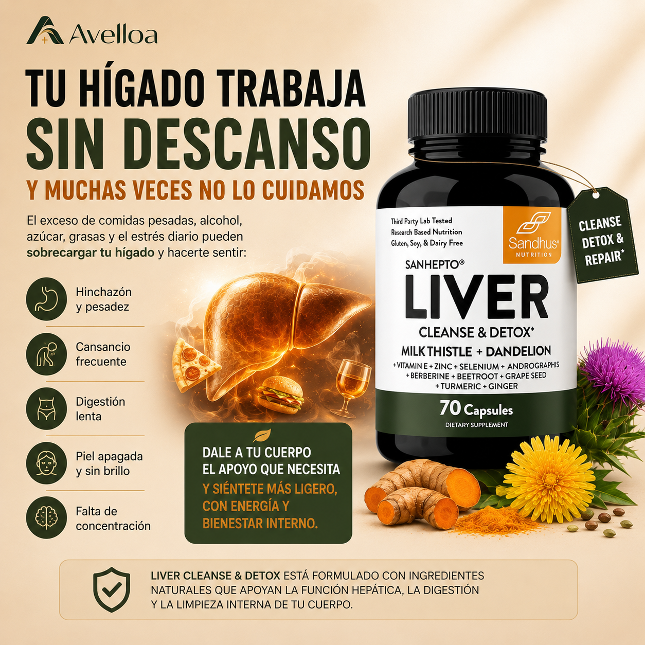 Liver Cleanse & Detox™ Suplemento de Apoyo Hepático con Cardo Mariano, Diente de León, Cúrcuma y Jengibre – 70 Cápsulas