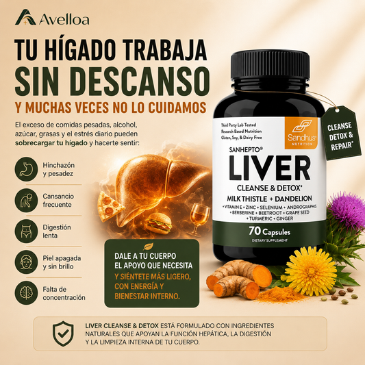 Liver Cleanse & Detox™ Suplemento de Apoyo Hepático con Cardo Mariano, Diente de León, Cúrcuma y Jengibre – 70 Cápsulas