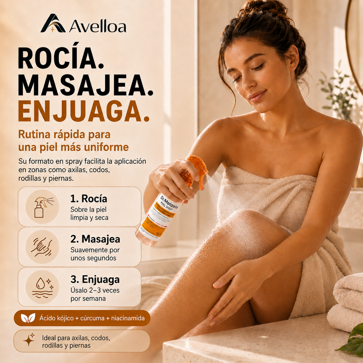 Dr. Melaxin Peel Shot™ Spray Exfoliante Corporal con Ácido Kójico, Cúrcuma y Niacinamida – 200 mL