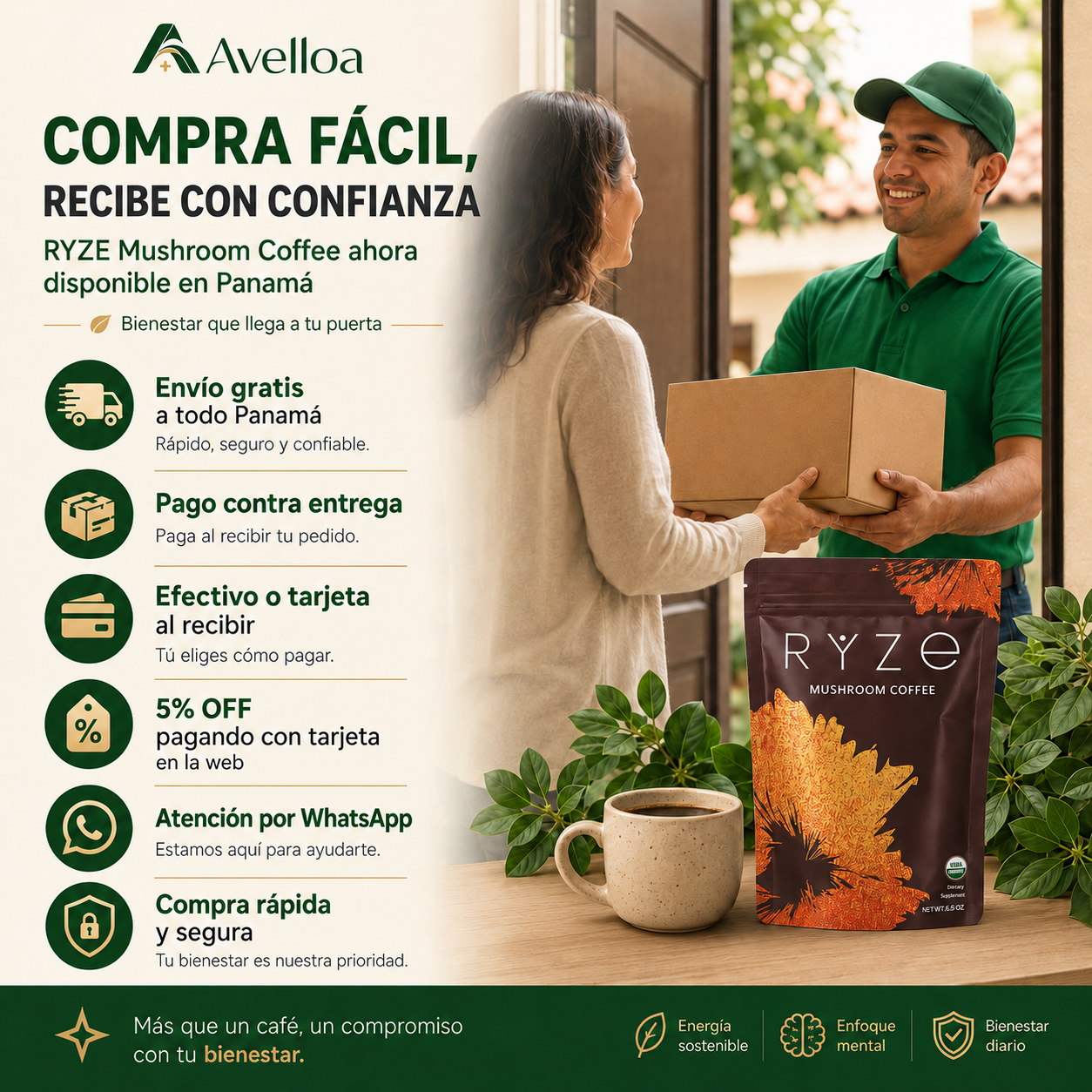 RYZE Mushroom Coffee – Café Funcional con 6 Hongos y Café Orgánico | 30 Porciones