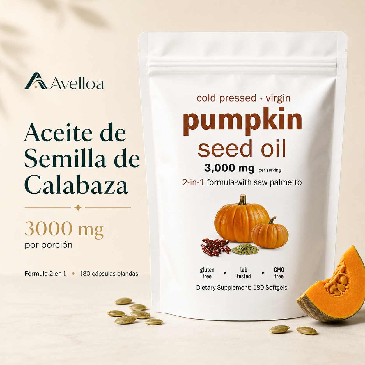 Aceite de Semilla de Calabaza 3000mg 2 en 1 | 180 Cápsulas Blandas