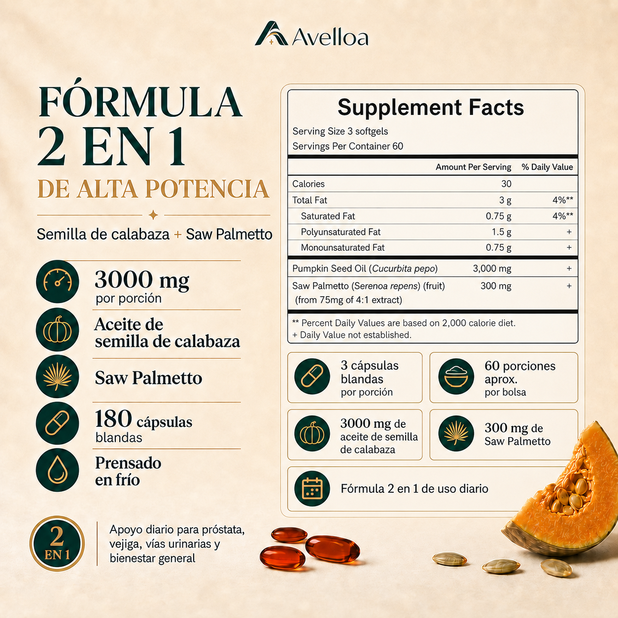 Aceite de Semilla de Calabaza 3000mg 2 en 1 | 180 Cápsulas Blandas
