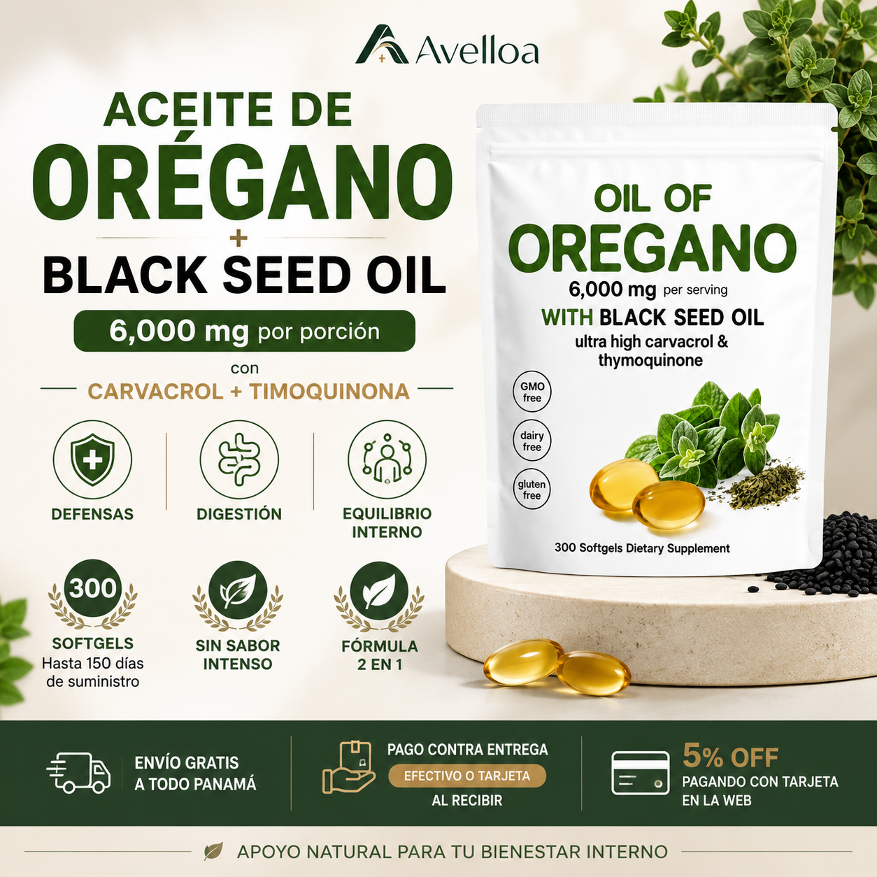 Aceite de Orégano con Aceite de Semilla Negra 6,000 mg – 300 Cápsulas Blandas